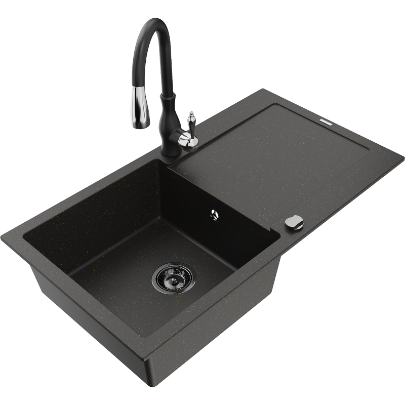 Mexen Leo lava-louça granítico de 1 bacia com escorredor e torneira de cozinha Savita, preto/dourado metálico