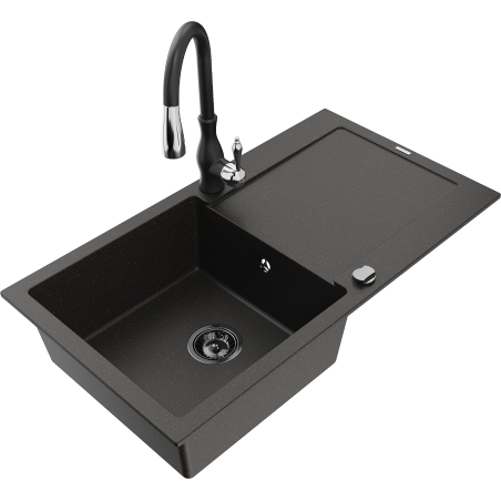 Mexen Leo 1-kam. granīta izlietne ar noteces zonu un Virtuves jaucējkrāns Savita, melna/zeltainas metāliskas krāsas