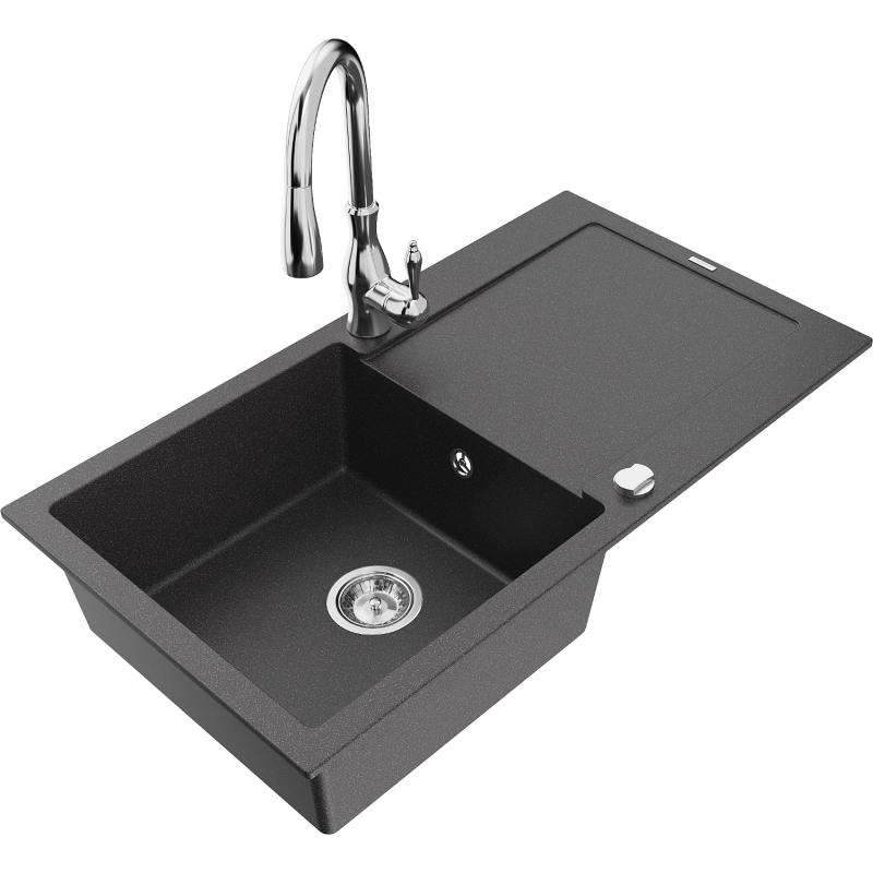 Mexen Leo 1-bowl granite sink with drainer and Savita kitchen tap, black speckled - 6501-76-672601-00