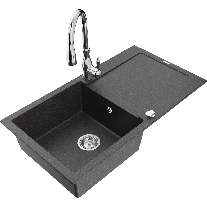 Mexen Leo fregadero de granito de 1 cubeta con escurridor y grifo de cocina Savita, negro moteado - 6501-76-672601-00