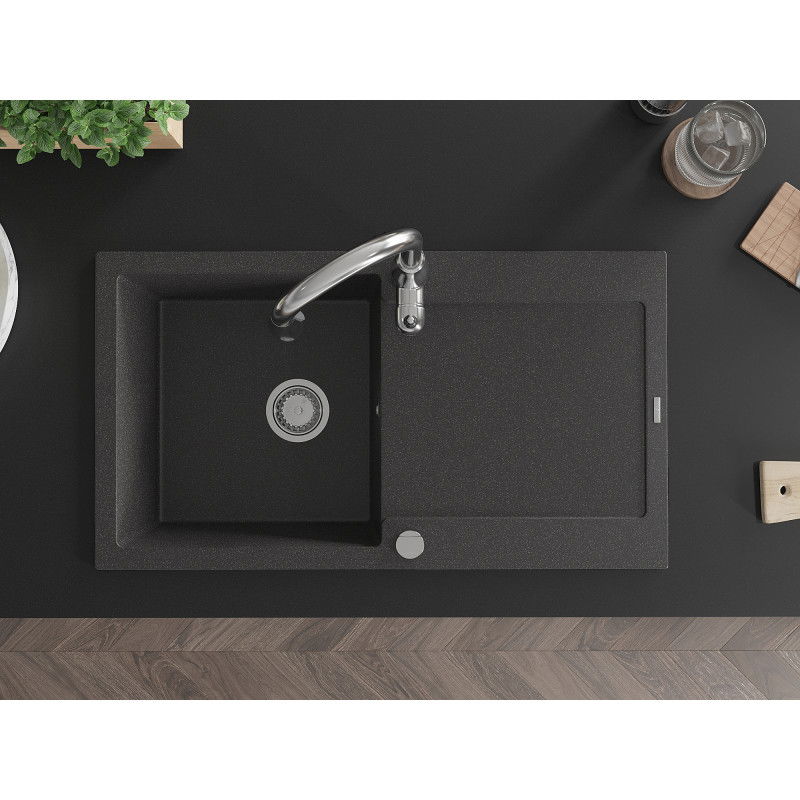 Mexen Leo 1-bowl granite sink with drainer and Savita kitchen tap, black speckled - 6501-76-672601-00