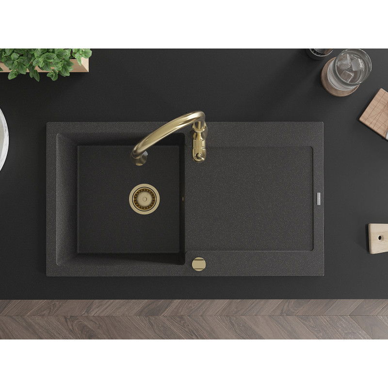 Mexen Leo granite sink 1-bowl with drainer and Savita kitchen tap, speckled black - 6501-76-672601-50