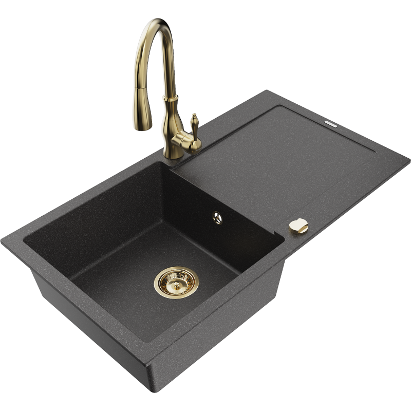 Mexen Leo lava-loiça de granito 1-cuba com escorredor e torneira de cozinha Savita, preto salpicado - 6501-76-672601-50