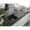 Mexen Leo fregadero de granito de 1 compartimento con escurridor y grifo de cocina Savita, negro moteado - 6501-76-672601-50