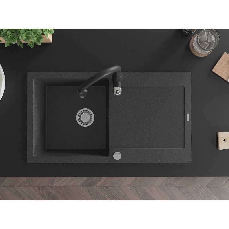 Mexen Leo granite sink single bowl with drainer and Savita kitchen tap, speckled black - 6501-76-672601-70