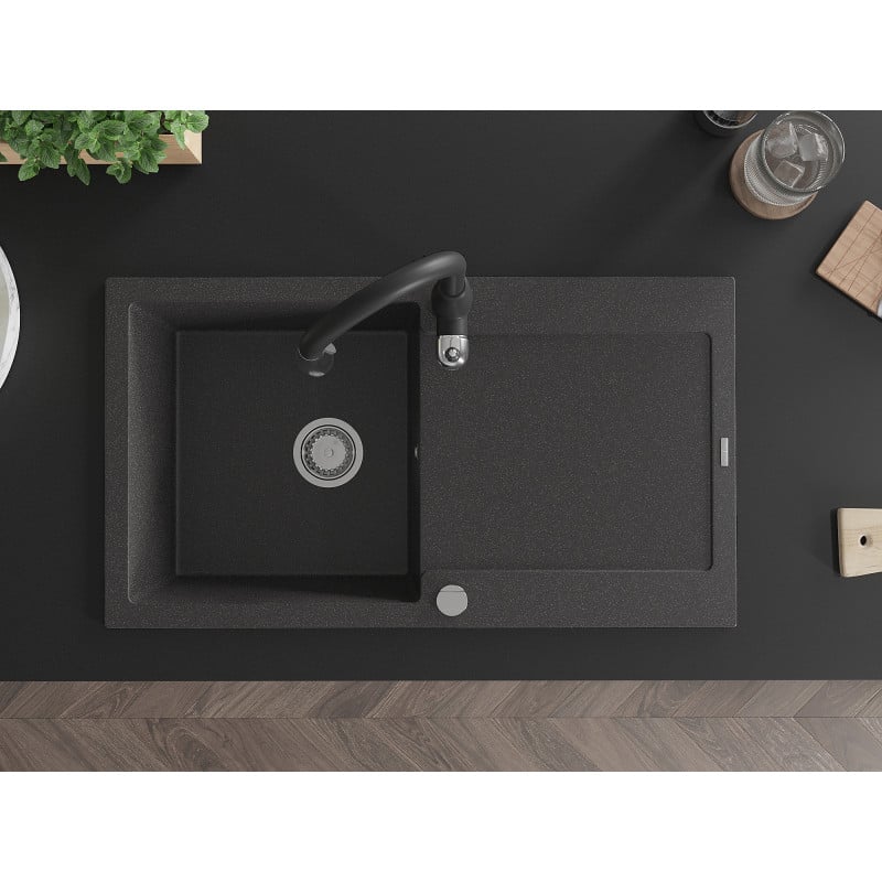 Mexen Leo lava-loiça em granito de 1 cuba com escorredor e torneira de cozinha Savita, preto salpicado - 6501-76-672601-70