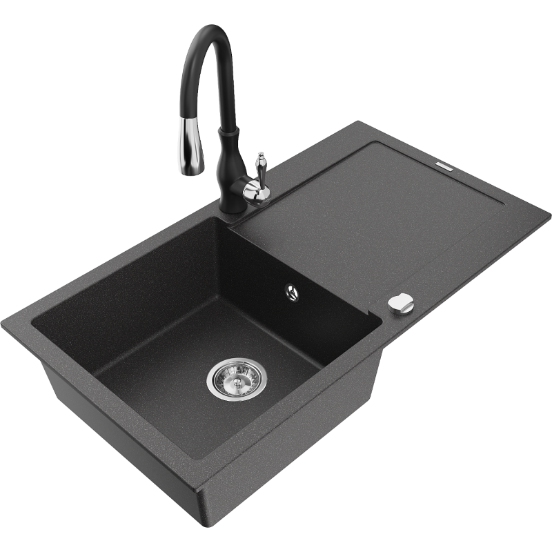 Mexen Leo fregadero de granito de 1 cubeta con escurridor y grifo de cocina Savita, negro moteado - 6501-76-672601-70