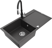 Mexen Leo fregadero de granito de 1 cubeta con escurridor y grifo de cocina Savita, negro moteado - 6501-76-672601-70