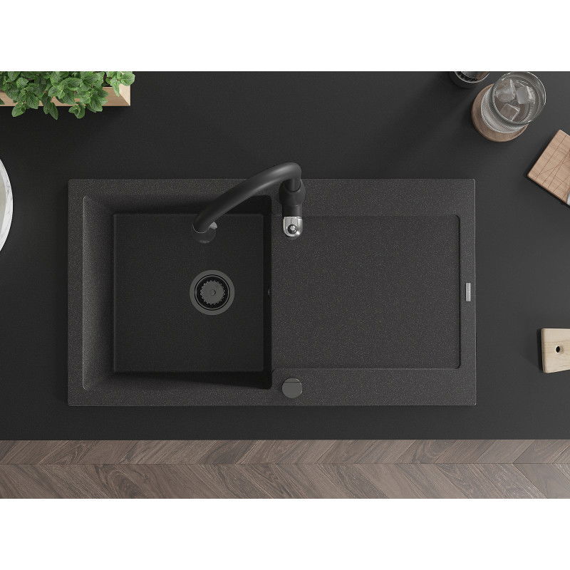 Mexen Leo granitno pomivalno korito z eno komoro s cedilnikom in kuhinjsko pipo Savita, črna s pikami - 6501-76-672601-70-B