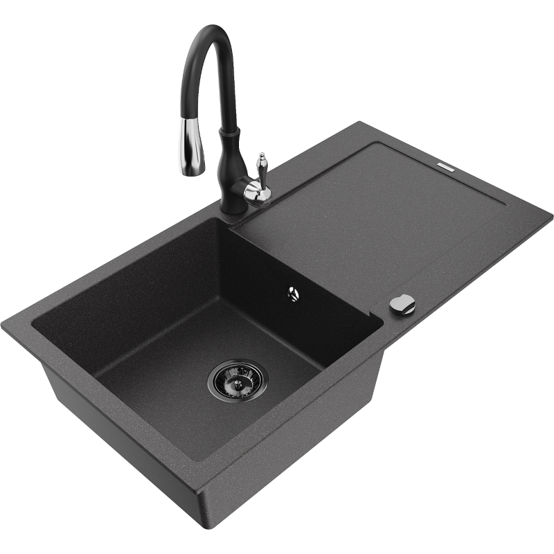Mexen Leo granitdiskbänk med 1 ho och avrinningsyta med köksblandare Savita, svart spräcklig - 6501-76-672601-70-B