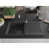 Mexen Leo lavello in granito 1-vasca con scolapiatti e rubinetto da cucina Savita, nero maculato - 6501-76-672601-70-B