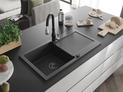 Mexen Leo fregadero de granito de 1 seno con escurridor y grifo de cocina Savita, negro moteado - 6501-76-672601-70-B