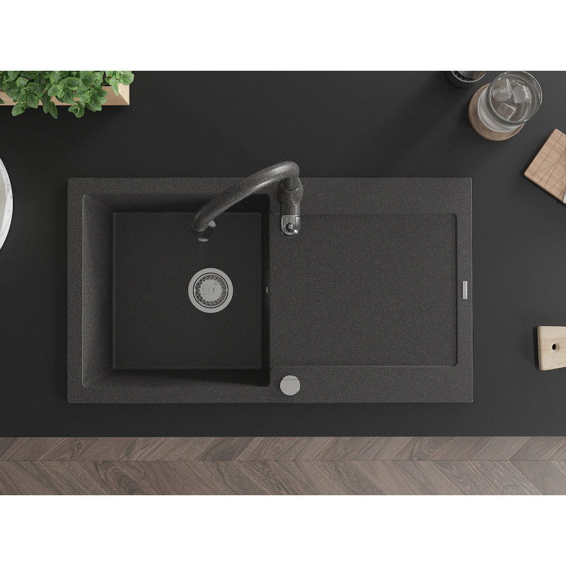 Mexen Leo fregadero de granito de 1 seno con escurridor y grifo de cocina Savita, negro moteado - 6501-76-672601-76