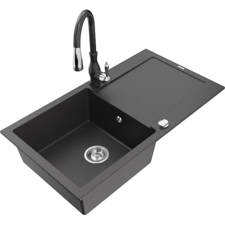 Mexen Leo granite kitchen sink 1-bowl with drainer and Savita kitchen faucet, black speckled - 6501-76-672601-76