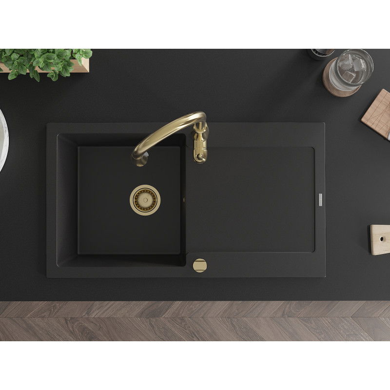 Mexen Leo enojni granitni pomivalnik z odcejalnikom in kuhinjsko armaturo Savita, črna - 6501-77-672601-50