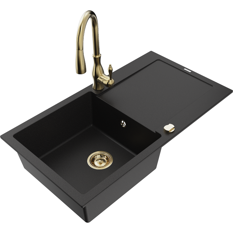 Mexen Leo granitdiskbänk med 1 hål med avrinningsyta och köksblandare Savita, svart - 6501-77-672601-50