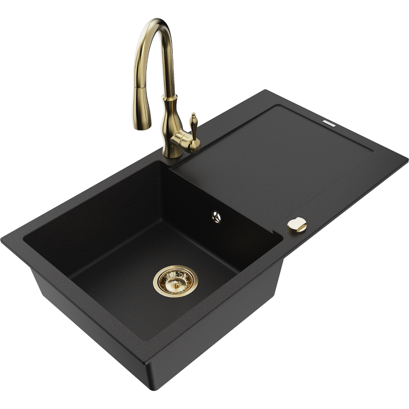 Mexen Leo granite sink single-bowl with drainer and Savita kitchen tap, black - 6501-77-672601-50