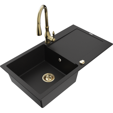 Mexen Leo granite sink 1-bowl with drainer and kitchen faucet Savita, black - 6501-77-672601-50
