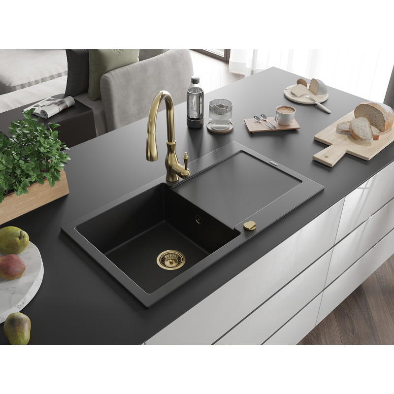 Mexen Leo fregadero de granito de 1 senos con escurridor y grifo de cocina Savita, negro - 6501-77-672601-50