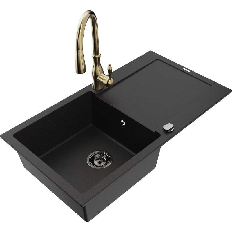 Mexen Leo fregadero de granito de 1 cubeta con escurridor y grifo de cocina Savita, negro - 6501-77-672601-50-B