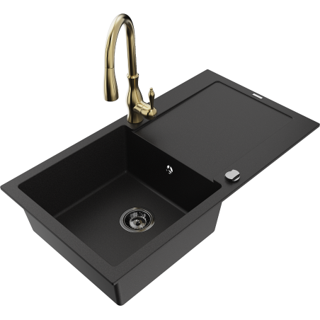 Mexen Leo granite sink 1-bowl with drainer and Savita kitchen tap, black - 6501-77-672601-50-B