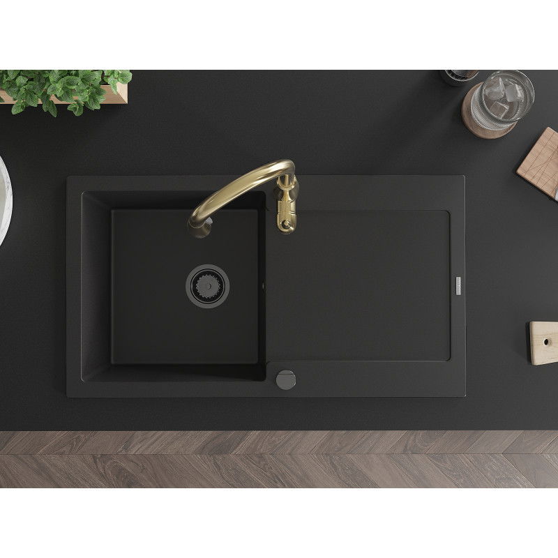 Mexen Leo granitdiskho med 1 ho med avrinningsyta och köksblandare Savita, svart - 6501-77-672601-50-B