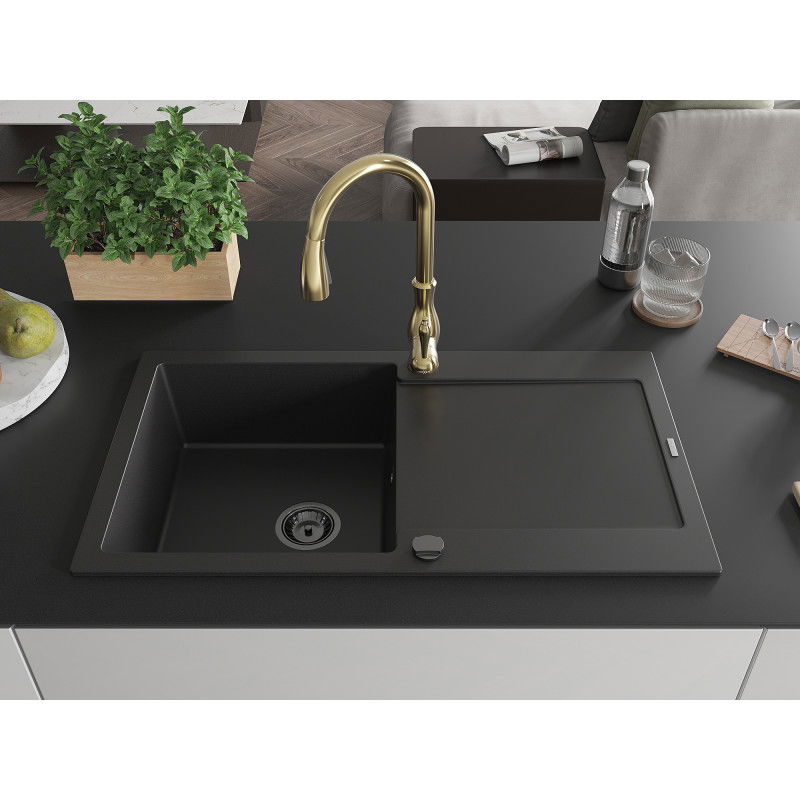 Mexen Leo granite sink 1-bowl with drainer and Savita kitchen tap, black - 6501-77-672601-50-B
