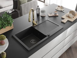 Mexen Leo fregadero de granito de 1 cubeta con escurridor y grifo de cocina Savita, negro - 6501-77-672601-50-B