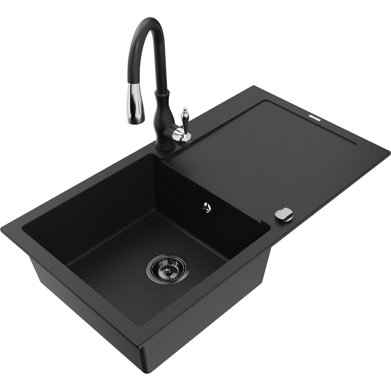 Mexen Leo granite sink 1-bowl with drainer and Savita kitchen tap, black - 6501-77-672601-70-B