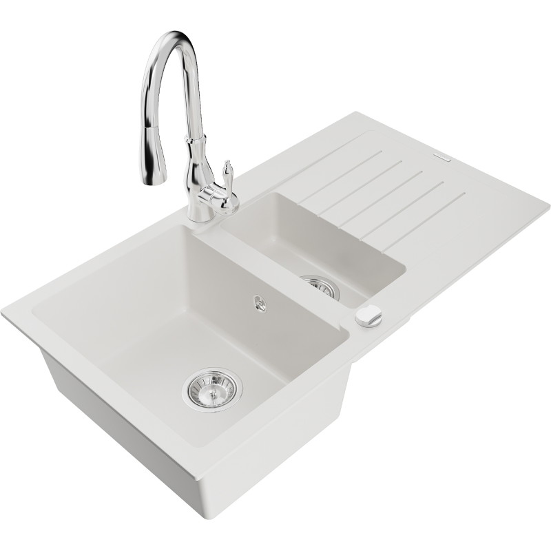 Mexen Matias fregadero de granito de 1,5 senos con escurridor y grifo de cocina Savita, blanco - 6502-20-672601-00