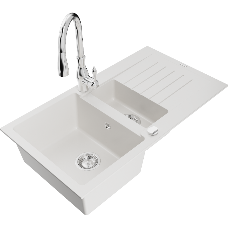 Mexen Matias granite sink 1.5-bowl with drainer and Savita kitchen tap, white - 6502-20-672601-00