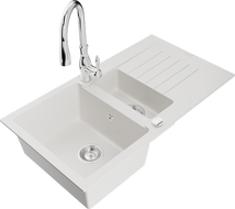 Mexen Matias granite sink 1.5-bowl with drainer and Savita kitchen tap, white - 6502-20-672601-00