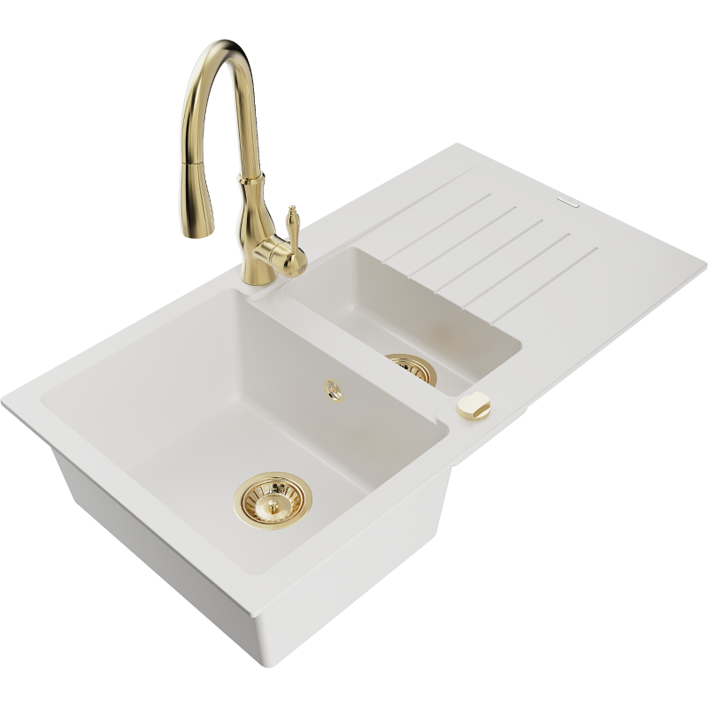 Mexen Matias fregadero de granito 1,5-cubetas con escurridor y grifo de cocina Savita, blanco - 6502-20-672601-50
