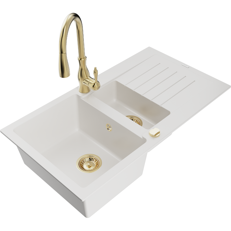 Mexen Matias Granitspullveraarbecht fir Kichen mat 1,5 Kammer an Drainage mat Kichkran Savita, wäiss - 6502-20-672601-50