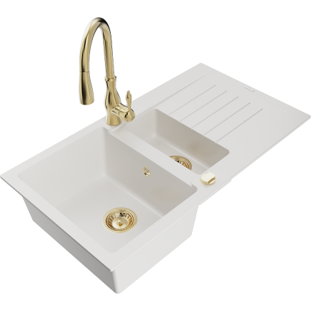 Mexen Matias 1,5 nodalījuma granīta izlietne ar noteces paneli un virtuves maisītāju Savita, balta - 6502-20-672601-50