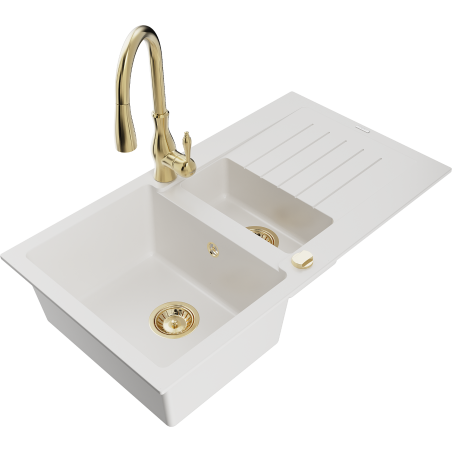 Mexen Matias granitdiskho med 1,5 kammare, avlopp och köksblandare Savita, vit - 6502-20-672601-50