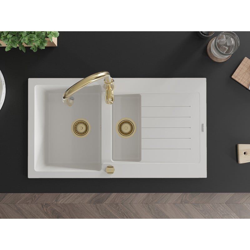 Mexen Matias fregadero de granito 1,5-cubetas con escurridor y grifo de cocina Savita, blanco - 6502-20-672601-50