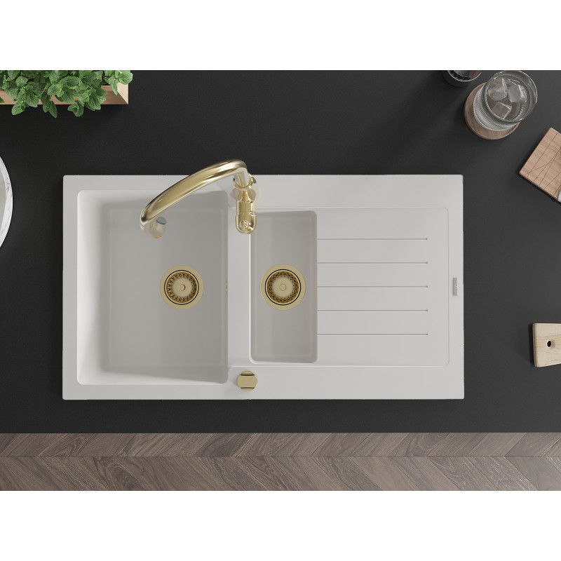 Mexen Matias Granitspullveraarbecht fir Kichen mat 1,5 Kammer an Drainage mat Kichkran Savita, wäiss - 6502-20-672601-50