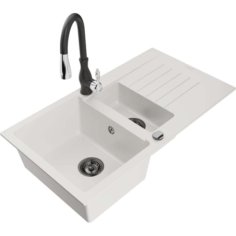 Mexen Matias granit sink 1.5-bowl with drainer and Savita kitchen tap, white - 6502-20-672601-70