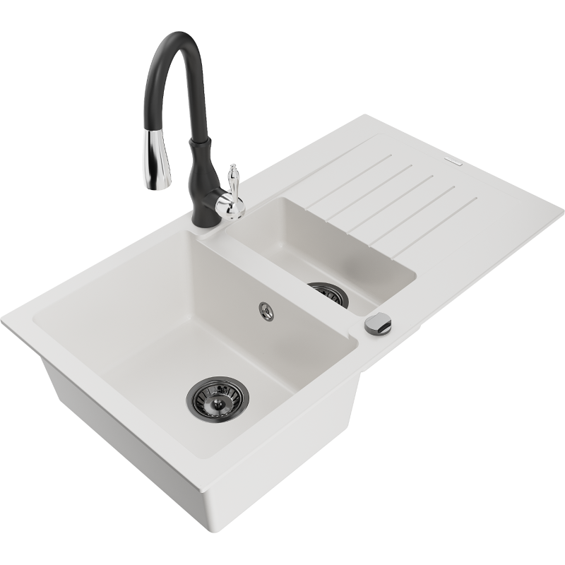 Mexen Matias granitdiskho med 1,5 fack med avrinning och köksblandare Savita, vit - 6502-20-672601-70