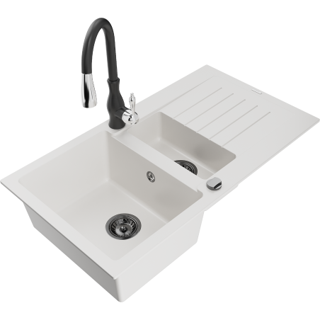 Mexen Matias fregadero de granito de 1,5 senos con escurridor y grifo de cocina Savita, blanco - 6502-20-672601-70