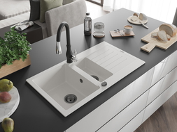Mexen Matias granite sink 1.5-bowl with drainer and Savita kitchen tap, white - 6502-20-672601-70