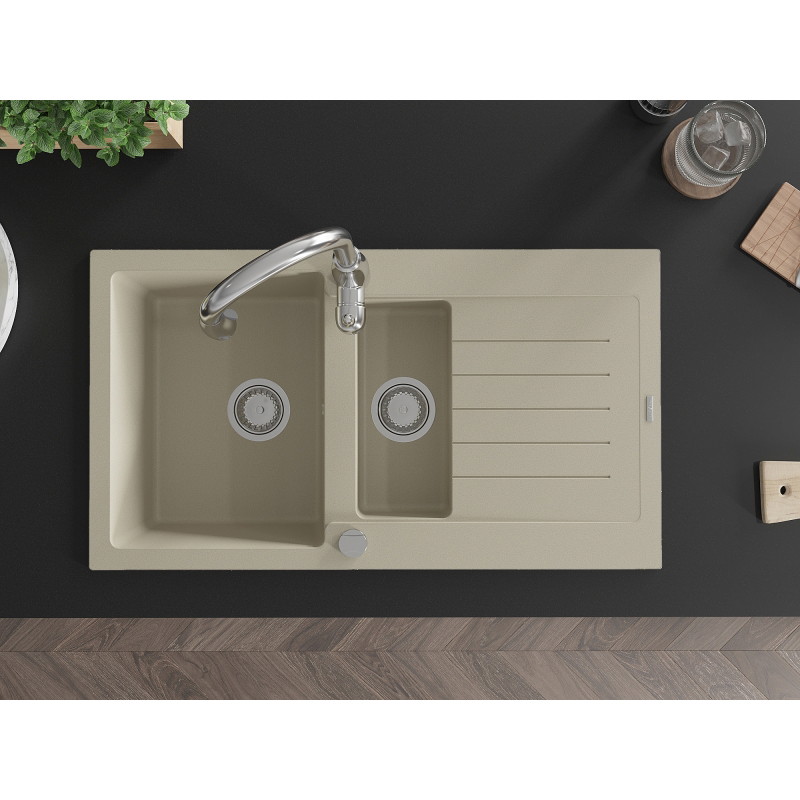 Mexen Matias fregadero de granito 1,5 cubetas con escurridor y grifo de cocina Savita, beige - 6502-69-672601-00