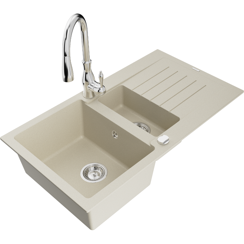 Mexen Matias fregadero de granito 1,5 senos con escurridor y grifo de cocina Savita, beige - 6502-69-672601-00