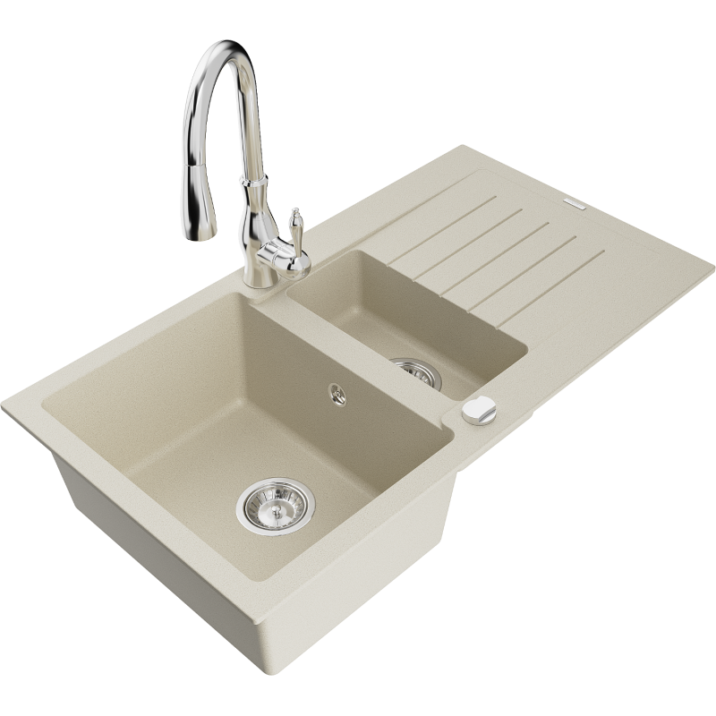 Mexen Matias lava-louça de granito 1,5-bacias com escorredor e torneira de cozinha Savita, bege - 6502-69-672601-00