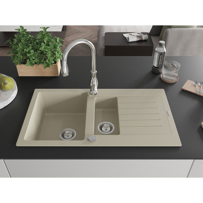 Mexen Matias lavello in granito 1,5 vasche con scolapiatti e rubinetto da cucina Savita, beige - 6502-69-672601-00