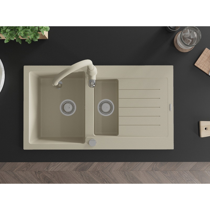 Mexen Matias Granitspüle 1,5-becken mit Abtropffläche und Küchenarmatur Savita, beige - 6502-69-672601-69