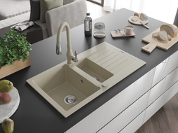 Mexen Matias fregadero de granito de 1,5 senos con escurridor y grifo de cocina Savita, beige - 6502-69-672601-69