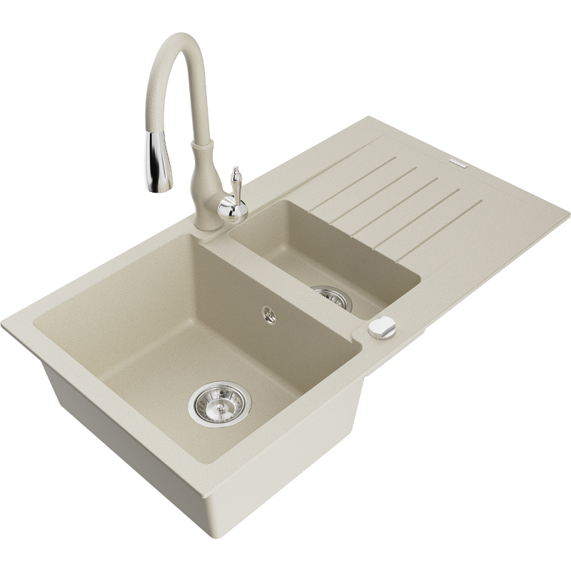 Mexen Matias fregadero de granito de 1,5 senos con escurridor y grifo de cocina Savita, beige - 6502-69-672601-69
