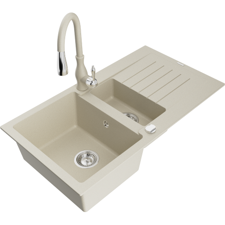 Mexen Matias 1,5-komorige granieten spoelbak met afdruiprek en keukenkraan Savita, beige - 6502-69-672601-69